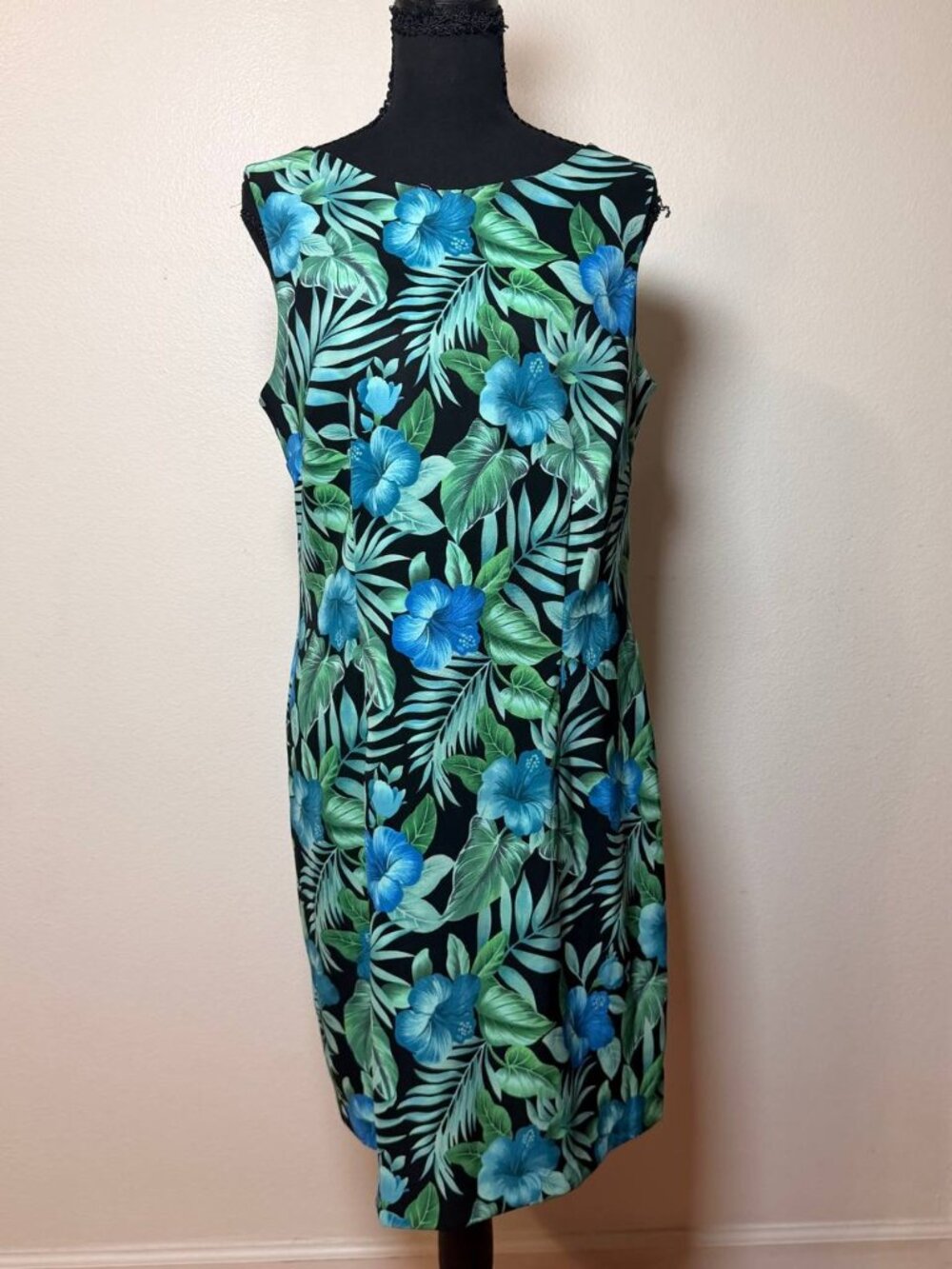 AGB Dress Blue Green Tropical Hibiscus Floral Sheath Dress Resort Style